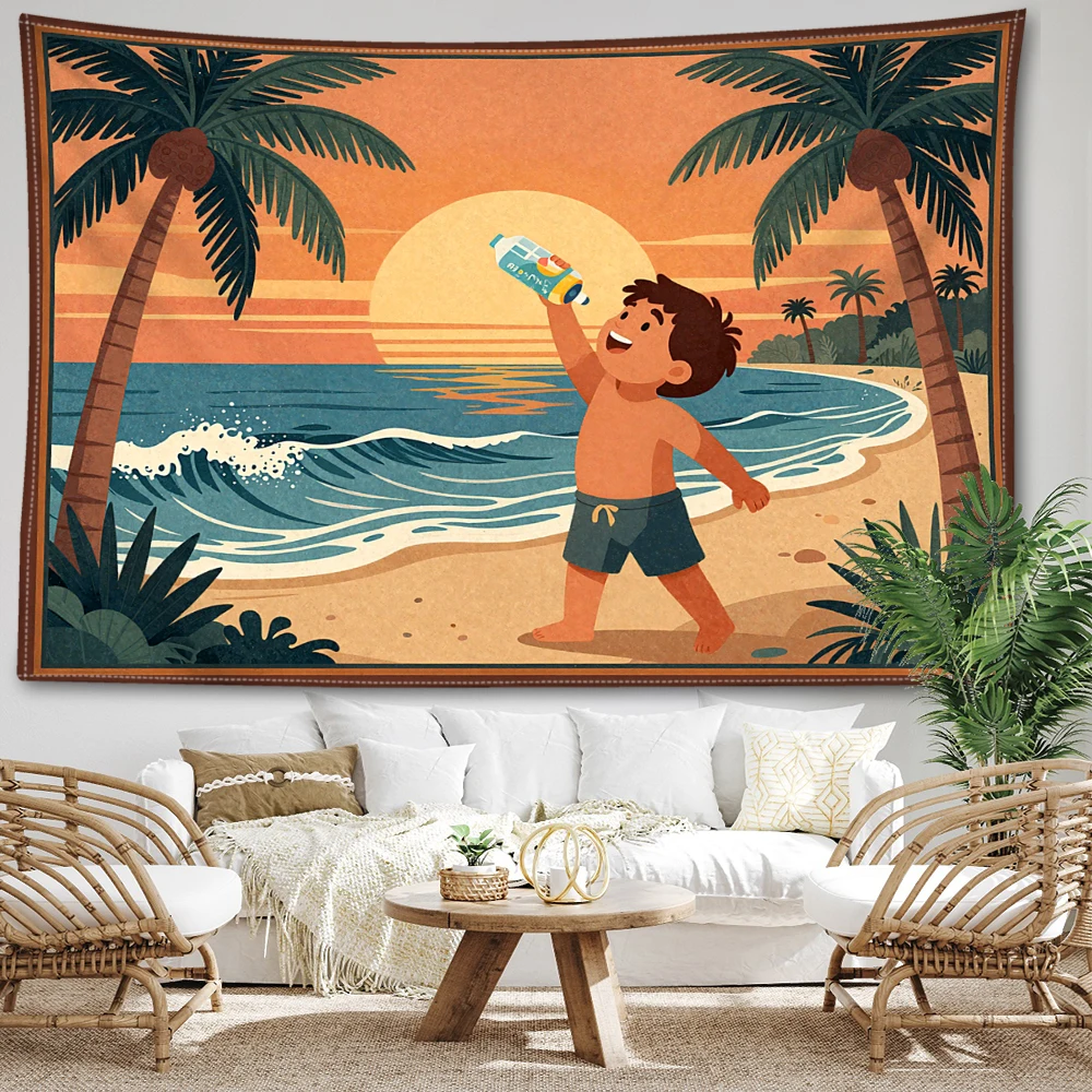 Sunset Beach Boy Holding Bottle Coconut Printed Tapestry Wall Hanging Bohemian Style Bedroom Home Decor
