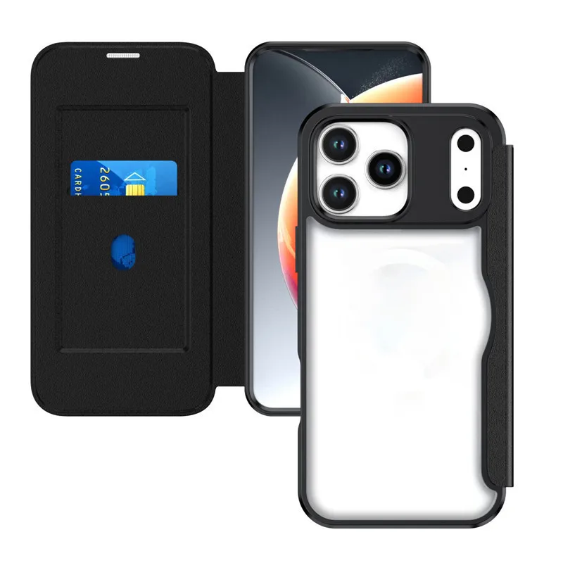 

Solid Color Leather Magnetic Flip Phone Cover for iPhone Air 17 16 15 14 Plus 13 12 11 Pro Max XR XS Max with Built-in Card Slot