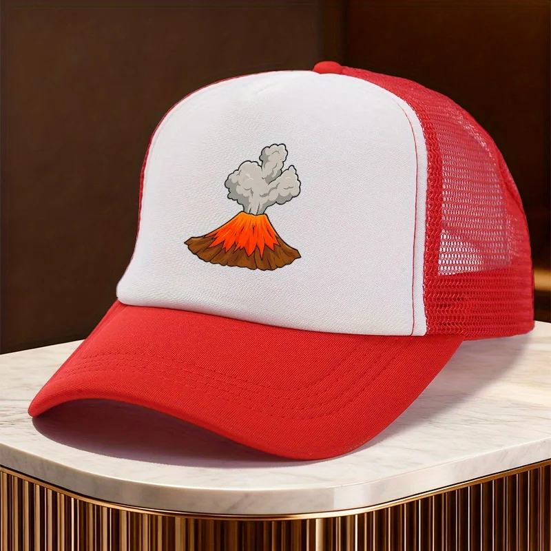 Volcano Eruption Cartoon Graphic Trucker Hat Unisex Polyester Mesh Snapback Cap for Outdoor Casual Travel