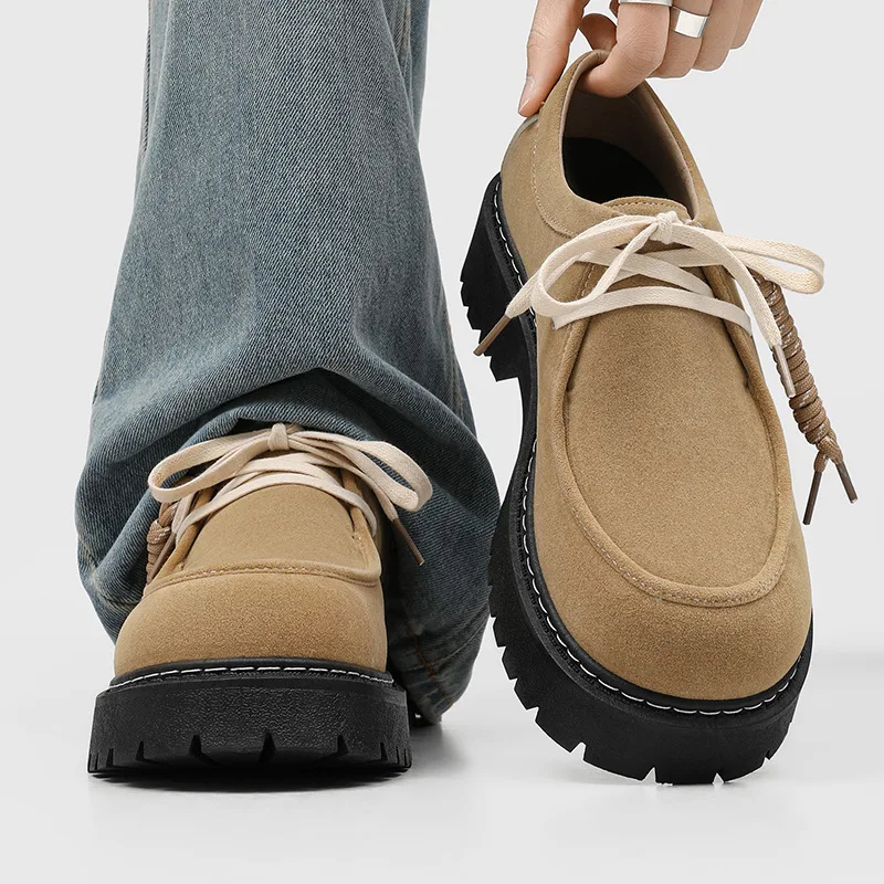 2026 Men's Retro Brown Suede Chunky Derby Shoes Casual Thick Sole Heightening Work Shoes New Non-slip Lace Up Platform Footwear
