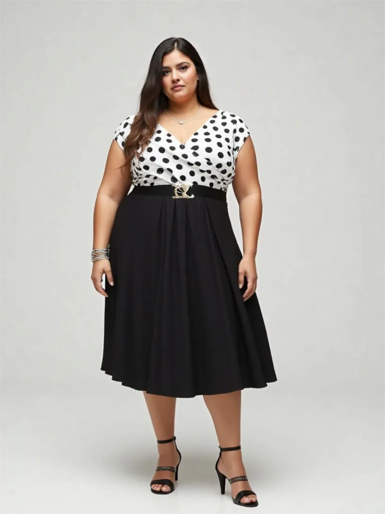 

ROSEGAL Plus Size Polka Dots Print Crossover Panel Dress, Ruched Vintage Dress, Buckle Belt, Oversize Ruched Dresses For Women