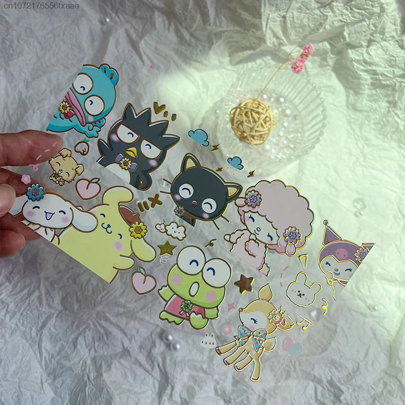 4 Pieces Set Sanrio Hello Kitty Cinnamoroll Cute Cartoon Sticker Y2k Sweet Girl Gilding Sticker PET Hand Account Stickers