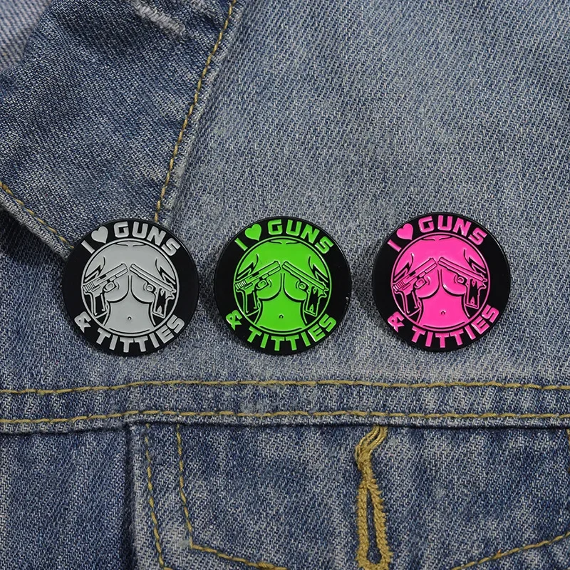 Punk Gothic I Love Guns Enamel Pins Cartoon Sexy And Cool Comics Figure Brooches Backpack Lapel Badge Jewelry Gift for Men Women