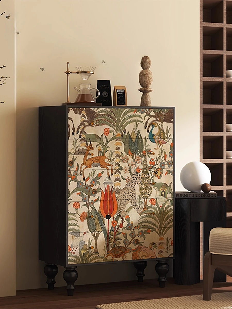 

French Retro Style Solid Wood Printed Living Room Storage Cabinet Multifunctional Drawer Entryway Storage Cabinet
