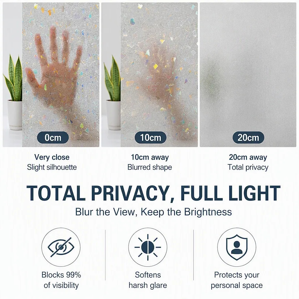 Iridescent Crystal Grain Frosted Privacy Window Film Rainbow Light Effect Static Cling Removable for Home Office Bathroom Glass