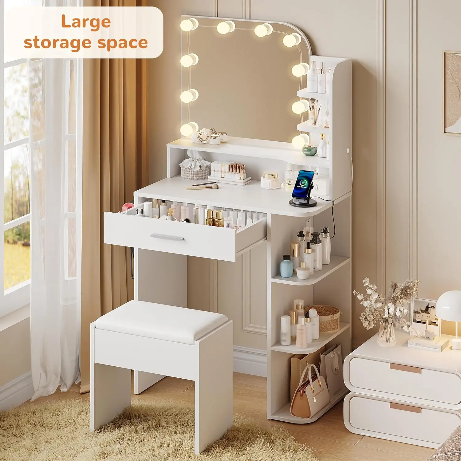 White Makeup Vanity Desk for Girls in Small Spaces, Compact with 3 - Color Lights view 6