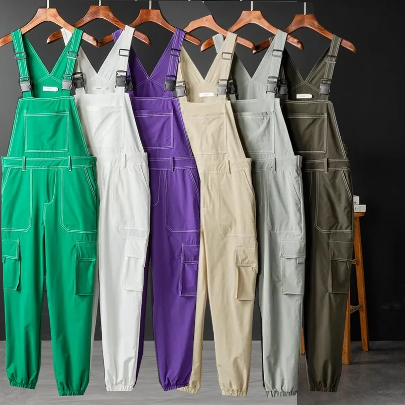 

2024summer Bib Overall Jumpsuit Motorcycle Cargo Pants Trousers Male Solid Casual Beam Feet Suspender 9colors Thin Strap Pants