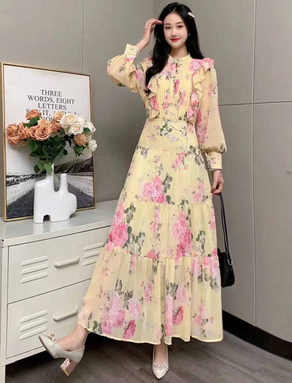 2024 New Spring Autumn Women Long Sleeve Slim Long Dress High Quality Sweet Ruffles Big Hem Chiffon Floral Dress 6 Colors