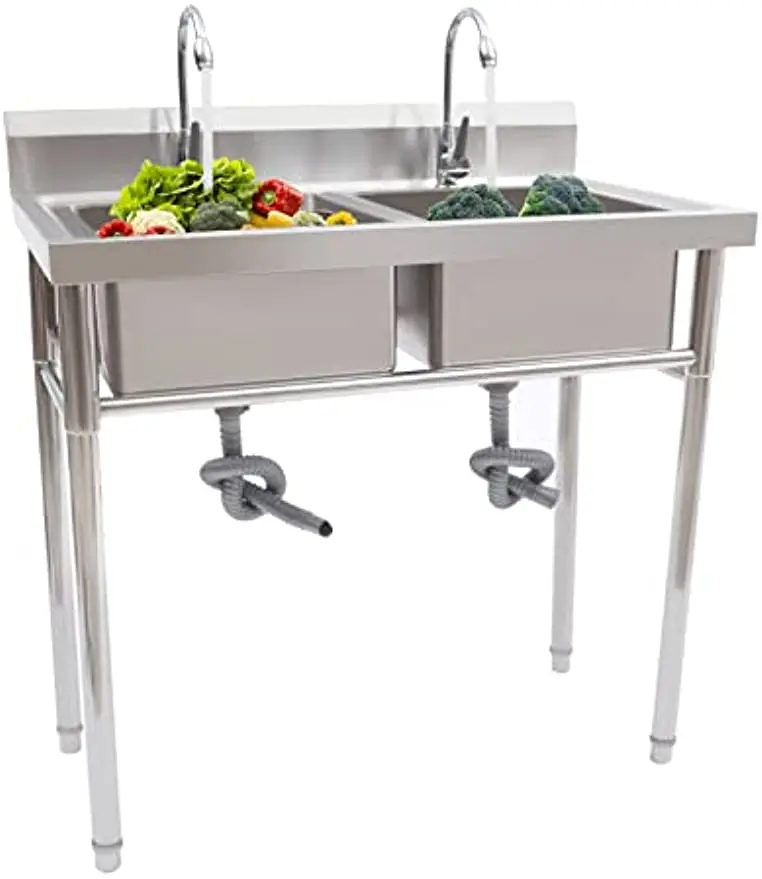 Commercia with Faucet 2 Compartment Free Standing Utility Sink with 2 Drainer for Garage Restaurant Laundry Room Outdoor