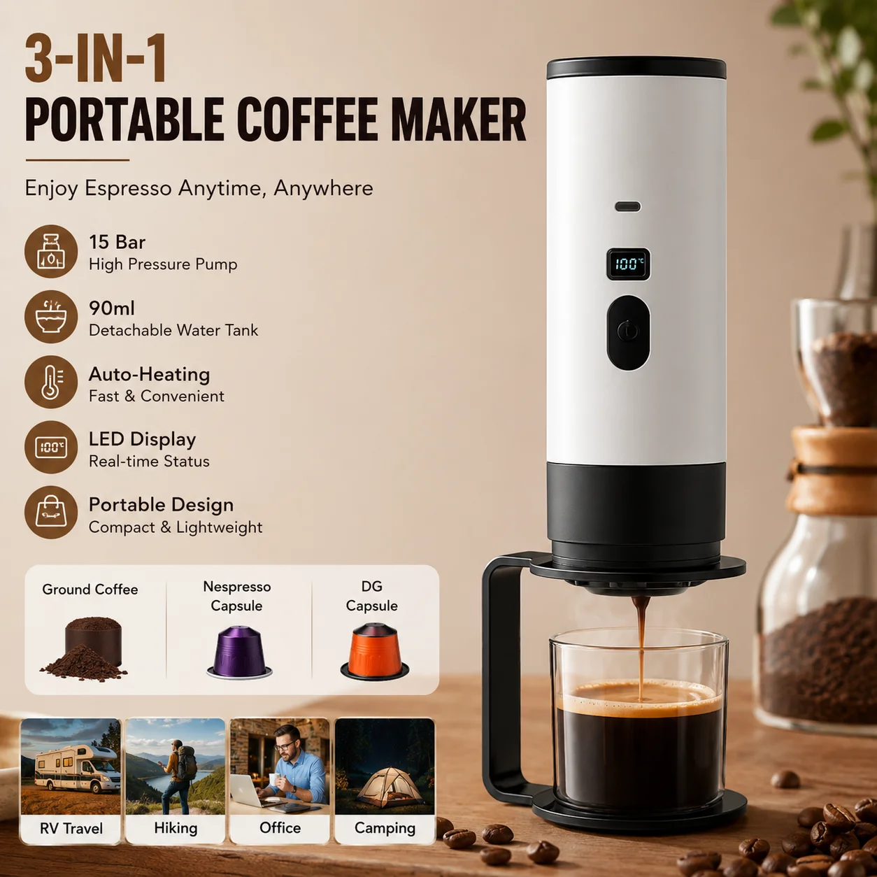 Portable Coffee Brewer 3-in-1 Compatible with Ground Coffee and Capsules,Compact Travel Coffee Maker for Camping,RV and Office