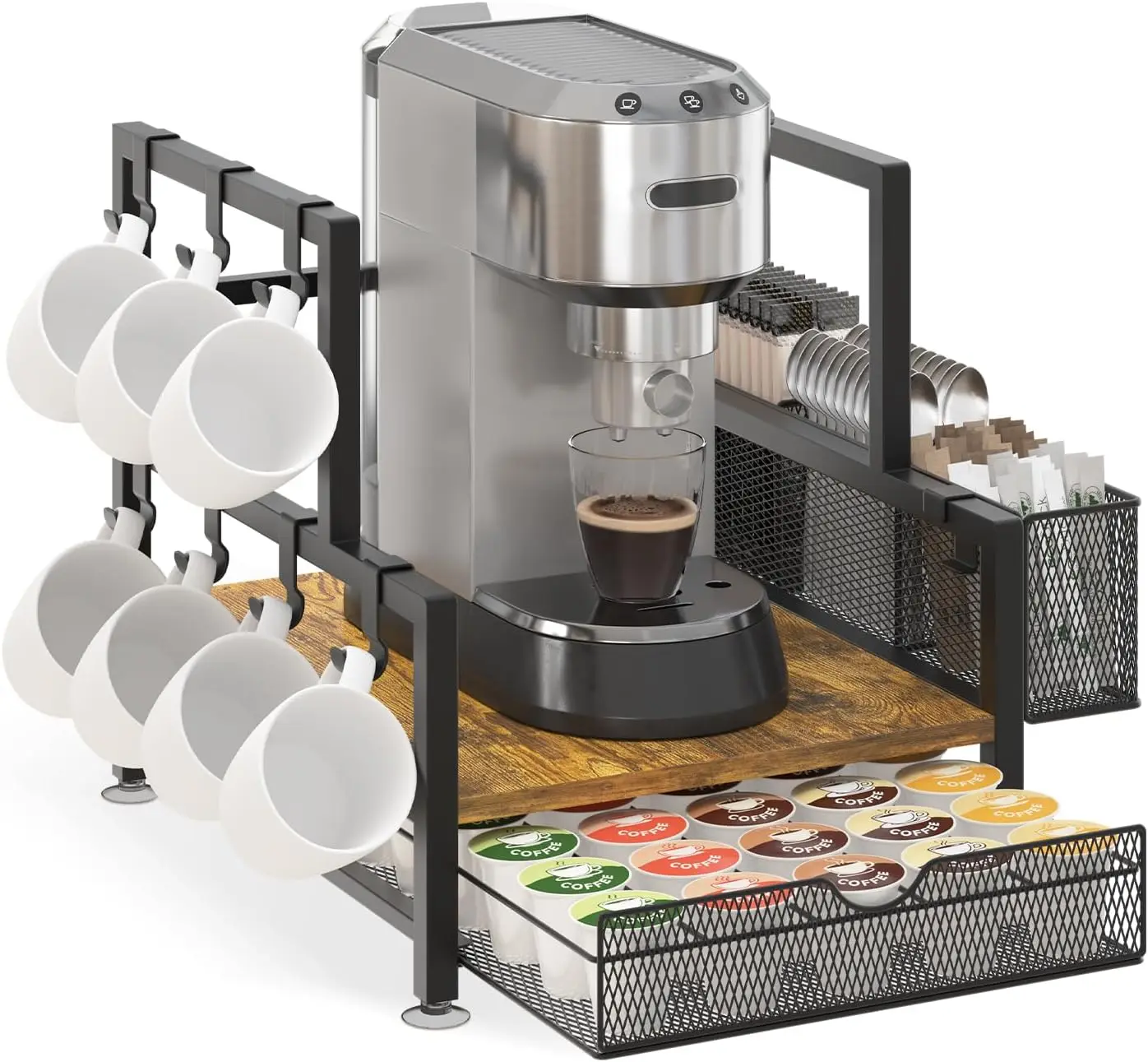 

Органайзер для кофейной станции с выдвижным ящиком для капсул K-Cup, подставкой для хранения, 7 крючками для кружек на столешницу, деревянная подставка