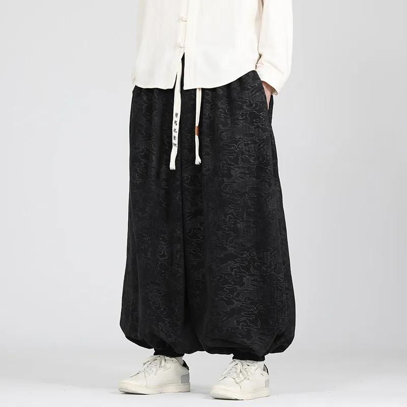 2026 Men Chinese Style Retro Pants Spring Man Jacquard Casual Black Trousers Male Loose-Fitting Comfortable Harem Pants