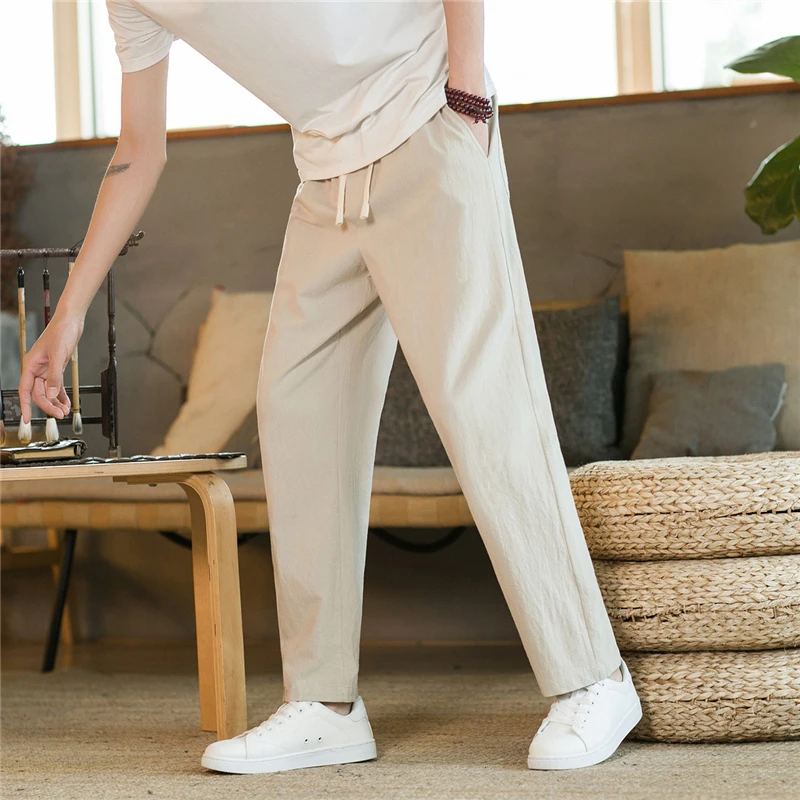 

Pure Cotton Men's Summer Thin Straight Leg Pants Casual Linen Loose Fit Nine-Foot Long Trousers Breathable Comfortable orts