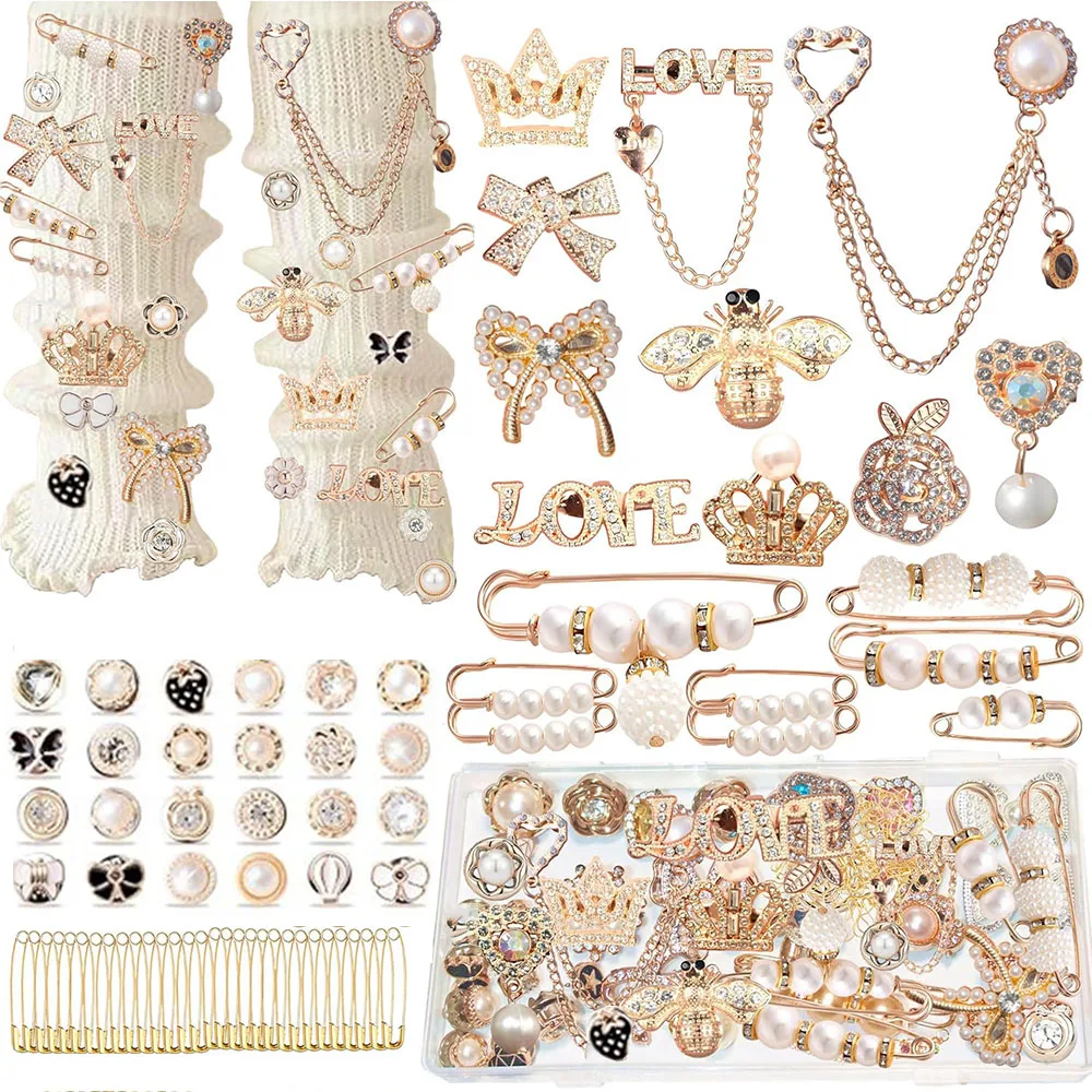 62Pcs Junk Socks Charms Kit, Shoe Charms with Safety Pins and Brooches ,DIY Accessories for Socks Clothes Hats Shoes Scarf Shawl