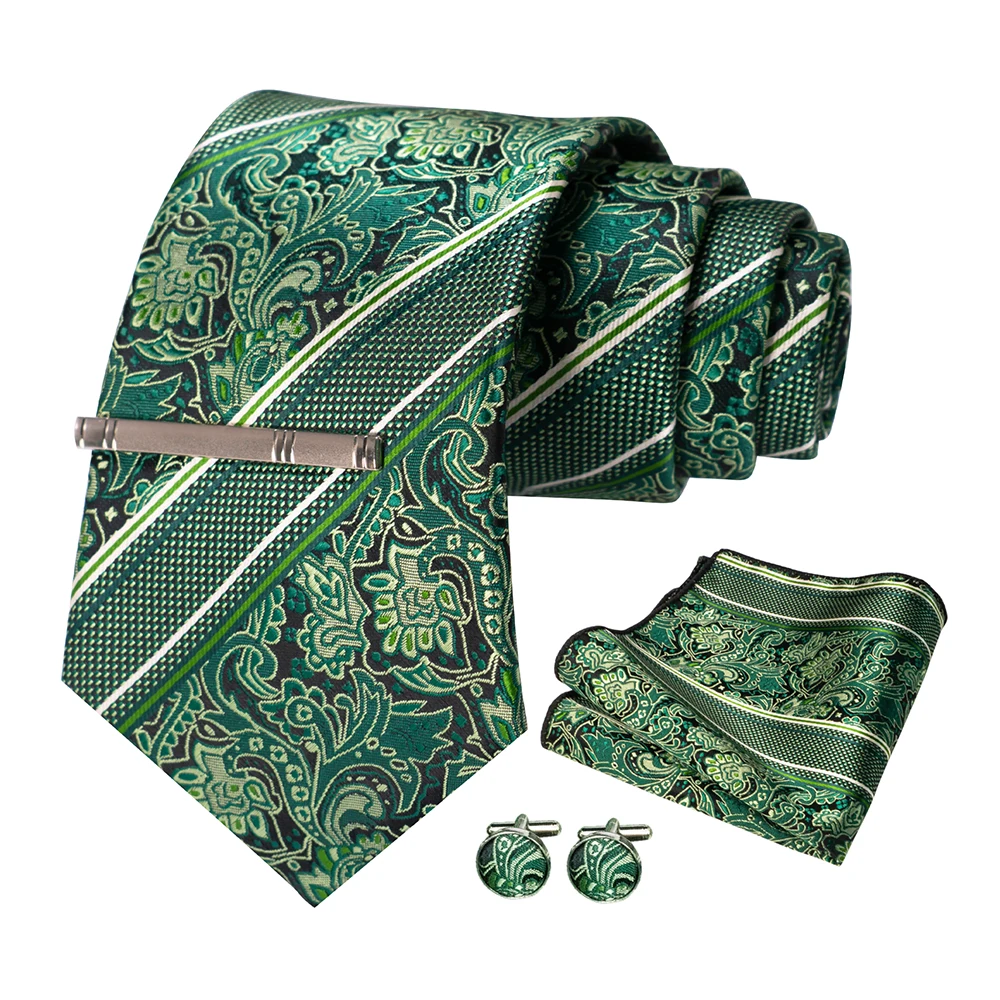 JEMYGINS Herren-Krawatte, grün, gestreift, Paisley-Krawatte für Hochzeiten, für Herren, Krawatte, Einstecktuch, Manschettenknöpfe, Set, Party, Business, Modedesigner – Detail 2