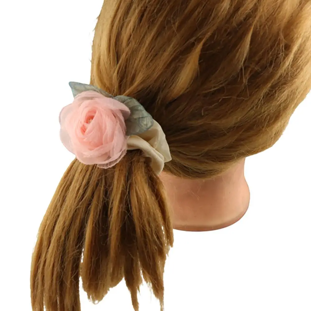 Lazo para el cabello a la moda, banda para el cabello de satén, malla, flor de Camelia, rosa, flor, cuerda para el cabello, Anillo para el cabello, banda elástica francesa para viaje