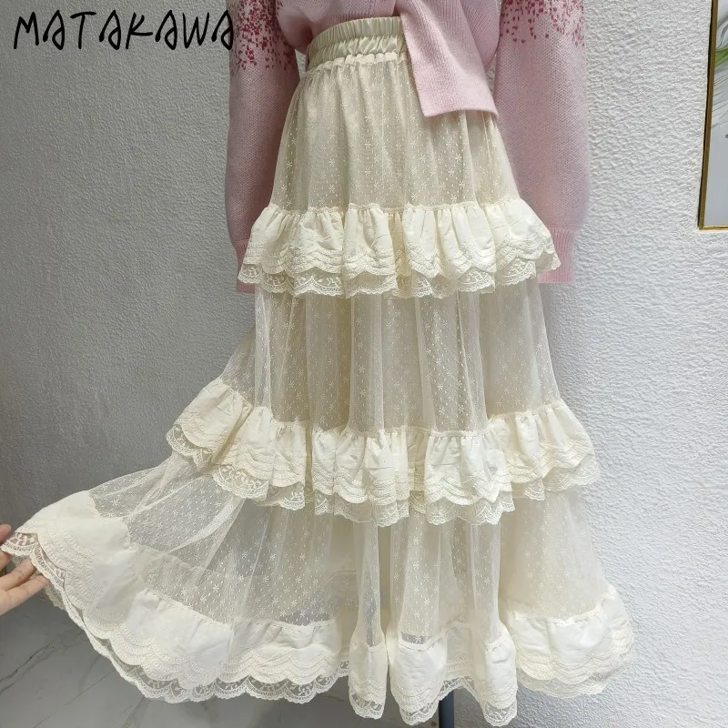 

Matakawa Lace Long Skirts Solid Spring Summer Ruffles Mesh Spring Summer Faldas Mujer Korean Fashion Elegant Retro Women Skirt