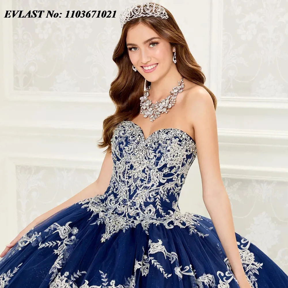 EVLAST мексиканское темно-синее платье Quinceanera бальное платье серебряная Кружевная аппликация из бисера с накидкой милое 16 Vestido De 15 лет SQ256