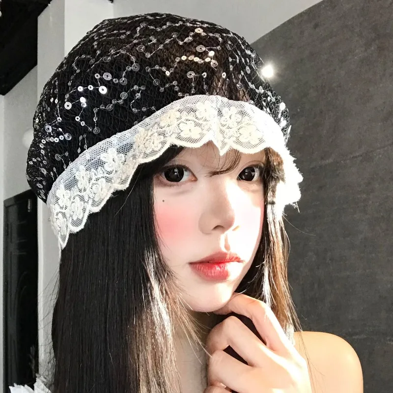 

Women Sequin Lace Hollow Out Slouchy Hat Summer Retro Beanie Caps Fashion Y2K Girls Head Wrap Casual Pullover Skull Cap