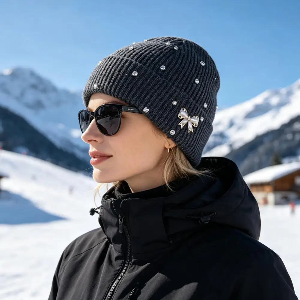 Faux Pearl Bow Knit Cap Winter Knitted Hat with Rhinestone Bow Faux Pearl Cuffed Skull Cap Warm Ribbed for Women Men for Women