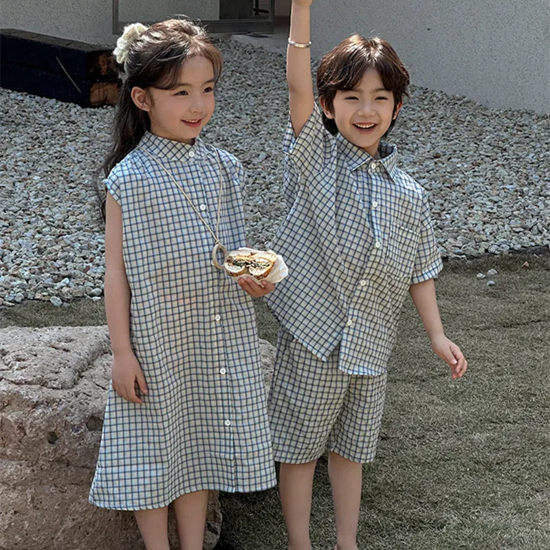 

Twinning Brother Sister Matching Sibling Outfits Baby Girls Dresses Kids Boys Tops Shorts Two Piece Sets Korean Children Clothes