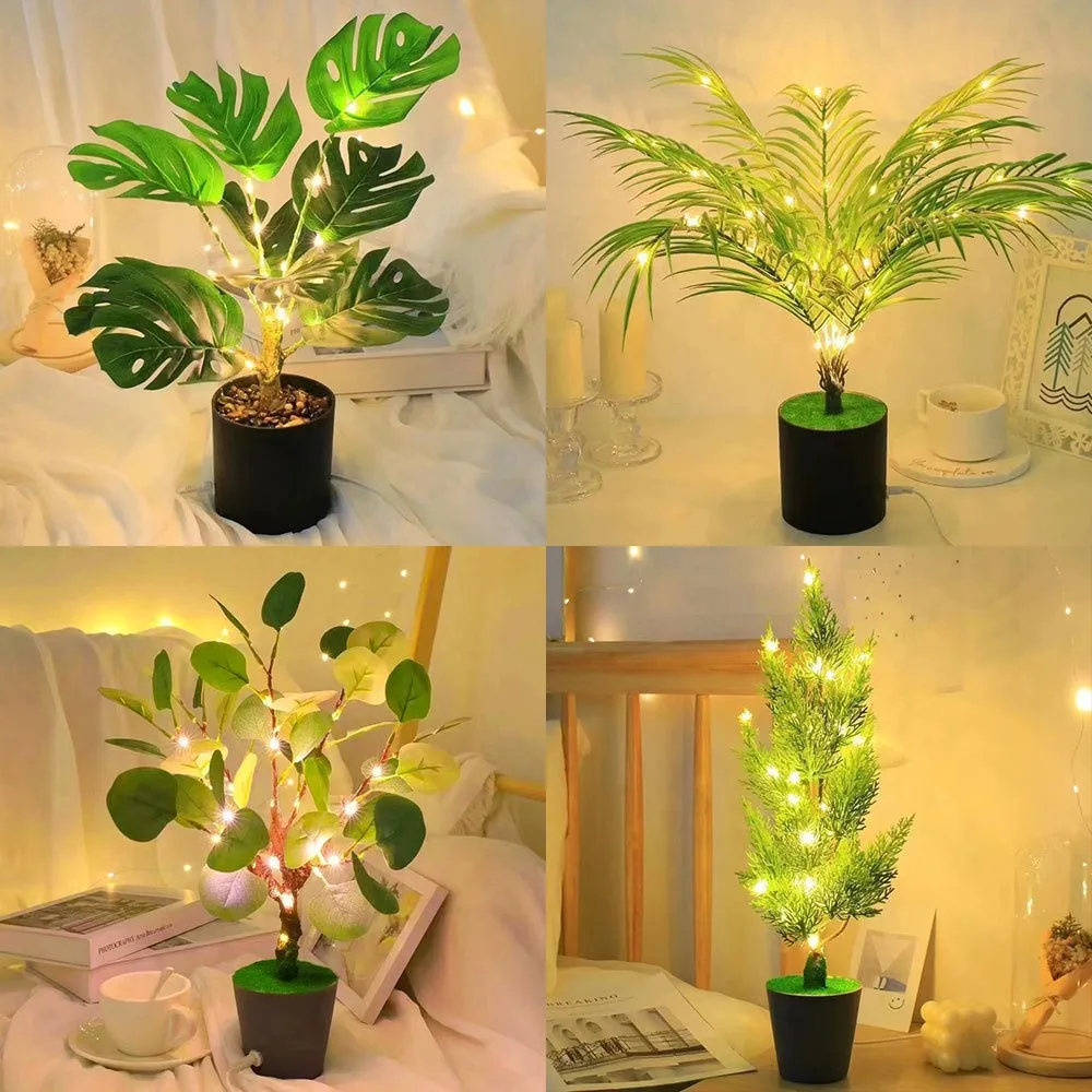 New LED Night Light Simulated Green Plant Potted Plant Luminous Desktop Ornaments Office Bedroom Warm Lamp USB Desk Lamp