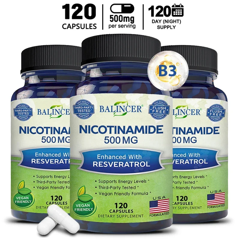 Niacinamide with Resveratrol - 120 Veggie Capsules, Vitamin B3 500 Mg - Supplement To Support NAD, Skin Cell Health and Energy