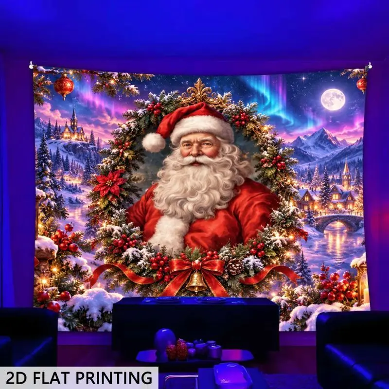 VIKAMA Santa Wreath Wall Art Tapestry, Christmas Night Village Scene with Castle Aurora Full Moon for Winter Holiday Decor