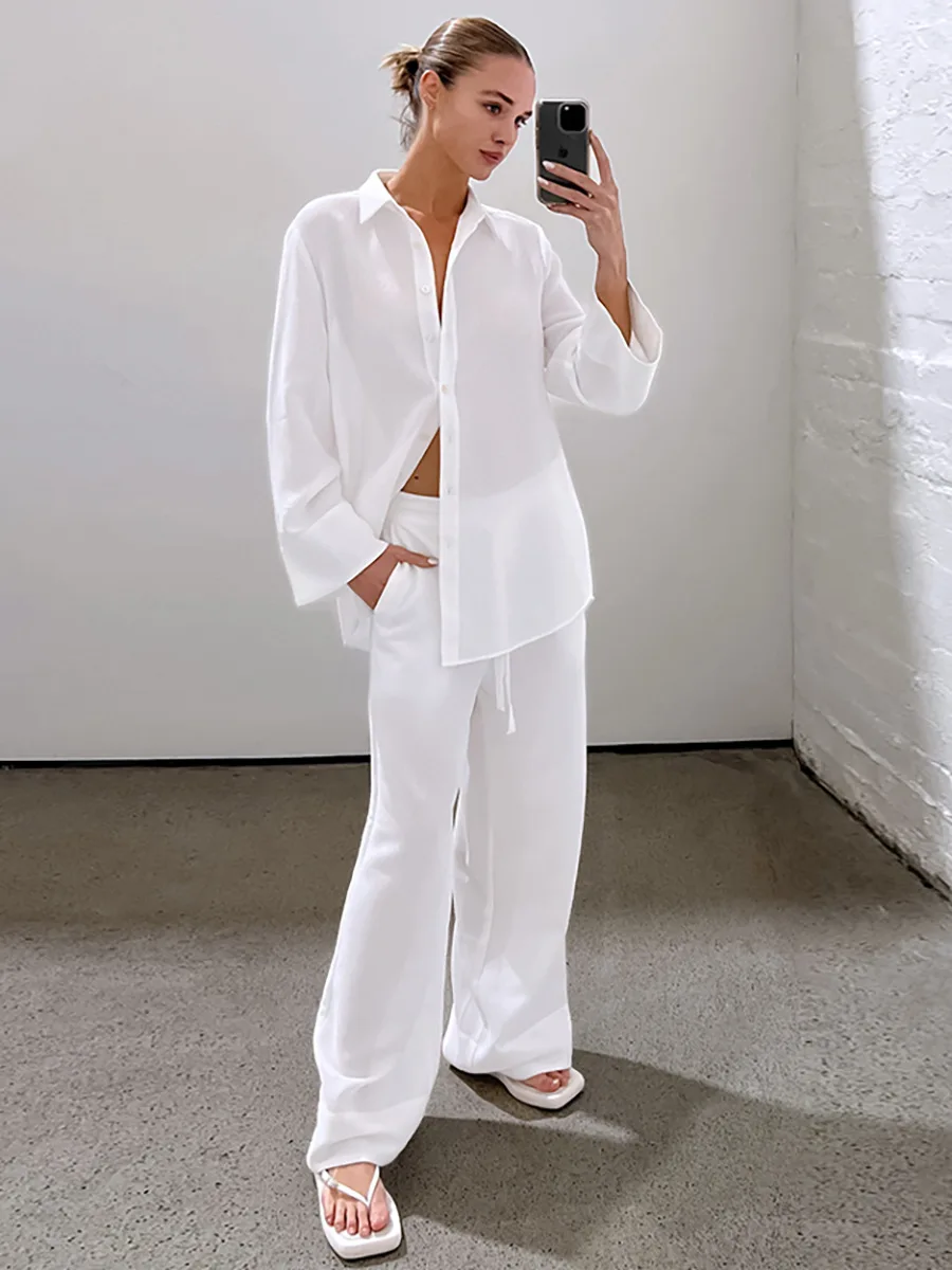 NHKDSASA Pajama Sets Casual 2-Pieces Sets Lapel Shirts And Wide Legs Pants Office Sets Womans Clothing Cotton Sleepwear