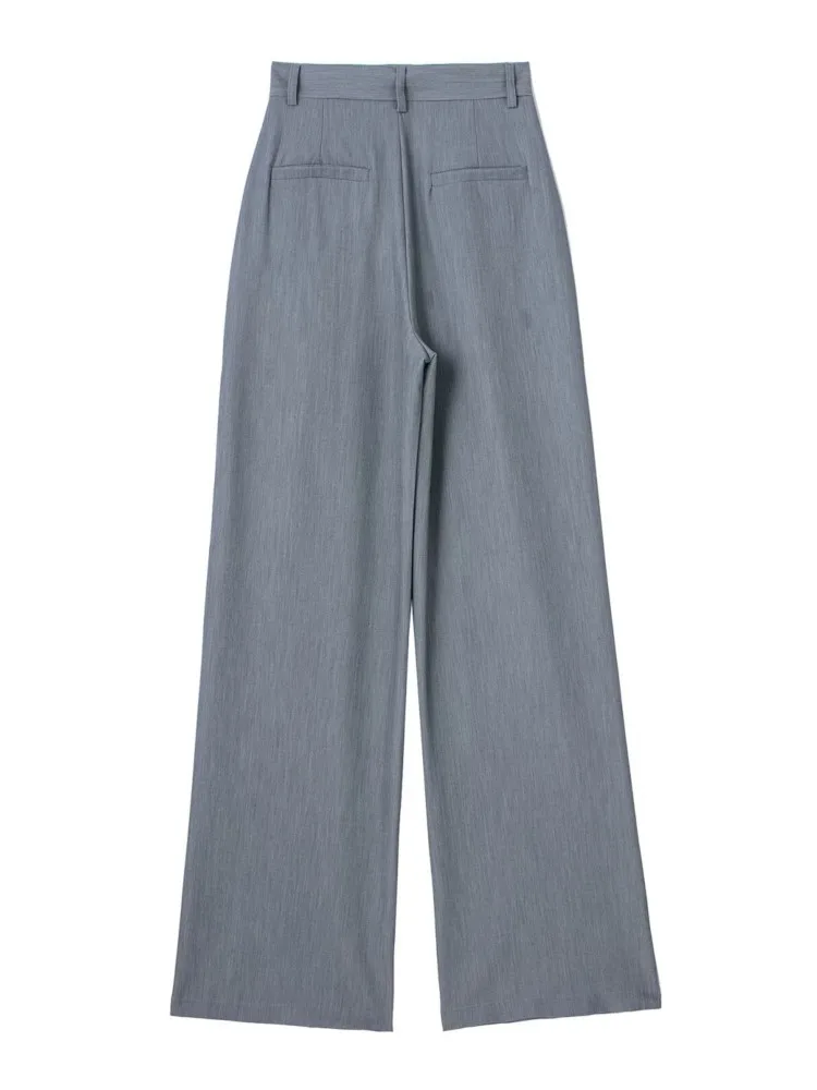 مخطط عالية الخصر السراويل المستقيمة الخريف المرأة أنيقة مطوي السراويل الطويلة السيدات موضة عادية مكتب بيج رمادي أسود السراويل #6