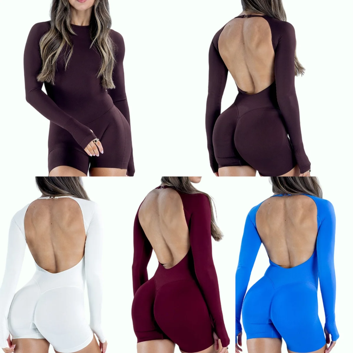Long Sleeve One Piece Jumpsuit Women Backless Slim Fit Elastic Tummy Control Yoga Gym Sports Workout Bodysuit