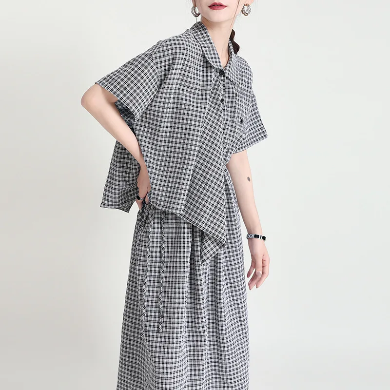 Johnature Irregular Plaid Dresses For Women 2025 Summer New Loose Turn-down Collar Short Sleeve Multi-way Female Dress