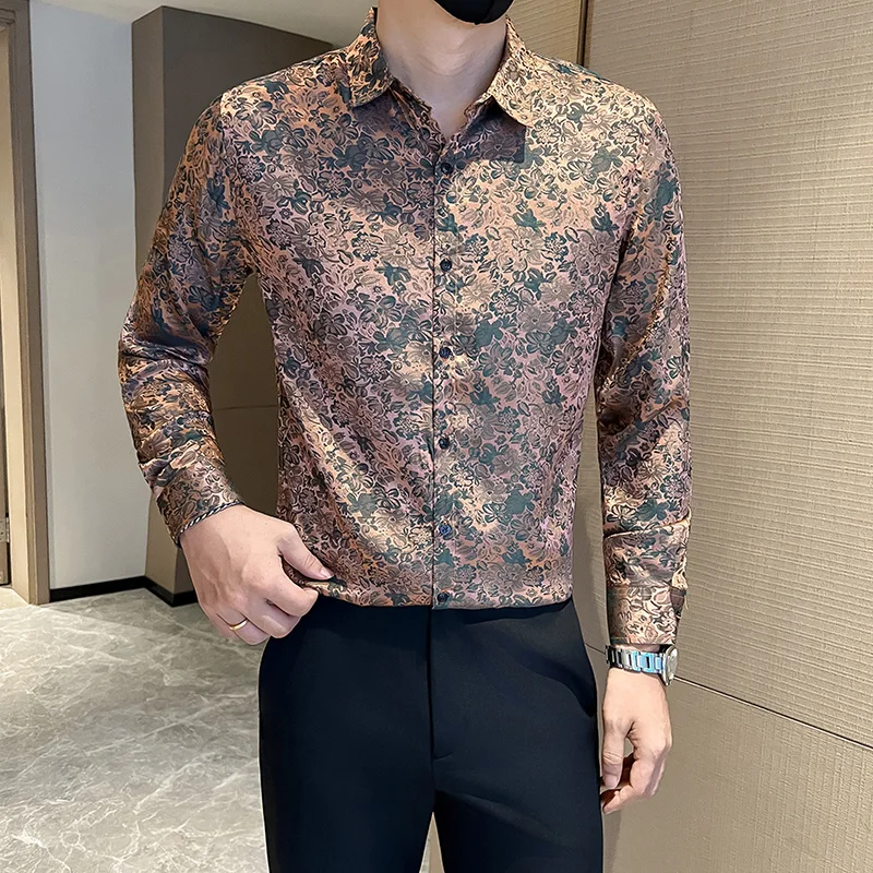 2025 Autumn Winter Long Sleeve Shirts Men Korean Version Slim Fit Casual Business Flower Shirt Social Nightclub Streetwear Tops