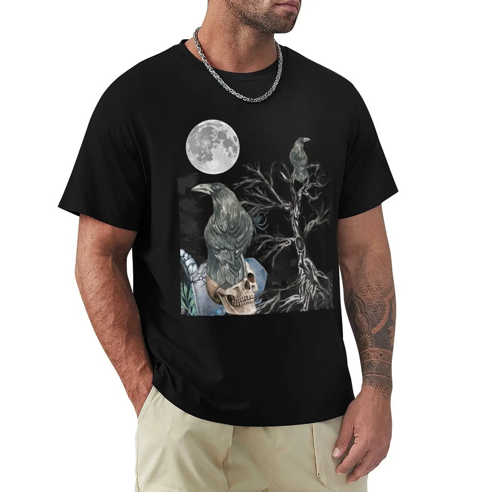 

Raven on Skull in Graveyard Full Moon Spooky Tree T-Shirt summer clothes Louboutins outfits for men