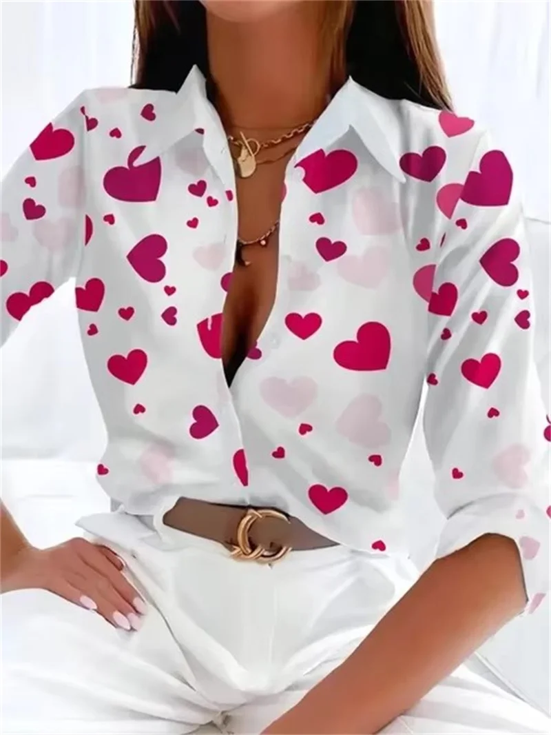 Love heart Pattern Print Women\'s Blouses Fashion Elegant Lapel Long Sleeve Shirt Spring New 2025 Women\'s Single Breasted Shirts