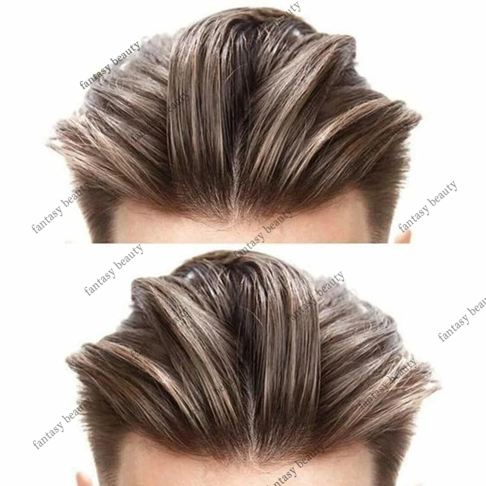 Mens Toupee 0.02mm Natural Hairline Human Hair Brown Gray 1B10 Super Thin Skin Silicone Replacement System  Capillary Prosthesis