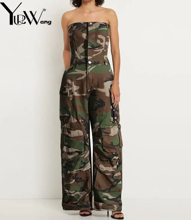 

Tannt Women Jumpsuit 2023 Summer Multi Pockets Hole Camouflage Jumpsuit Strapless Sleeveless Long Jean Rompers