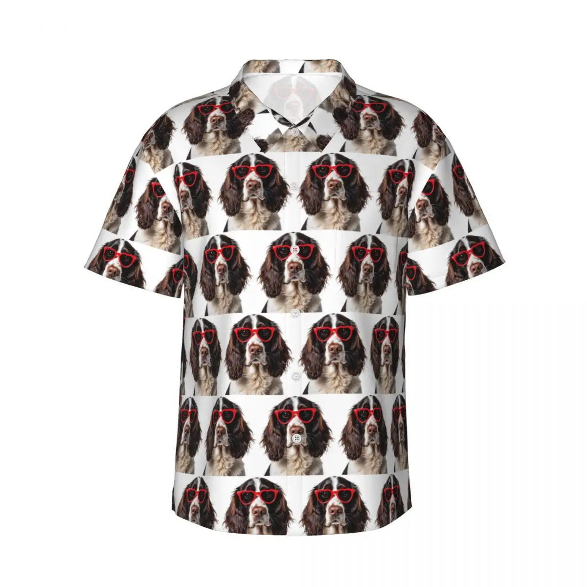 English Springer Spaniel Dog Wearing A Heart Shape Sunglasses Men's Shirts Hawaiian Short Sleeve Shirt Lapel Tops Summer Beach