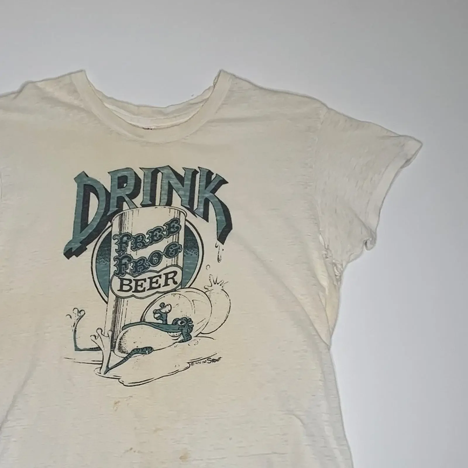 1970 amp 39 s Vintage W Stout Free Frog Beer T shirt Distressed Large vintage Washed homme Slightly Versatile Soft Comfortable