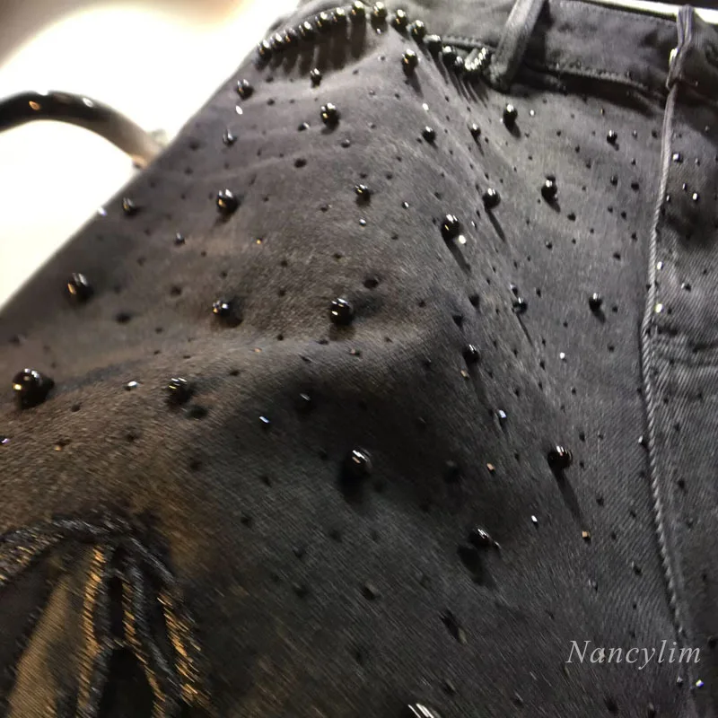 European 2025 Hollow Lace Jeans Women Summer New Black Lace Denim Pants Heavy Industry Beads Hot Diamond Denim Splicing Crochet - Image 3