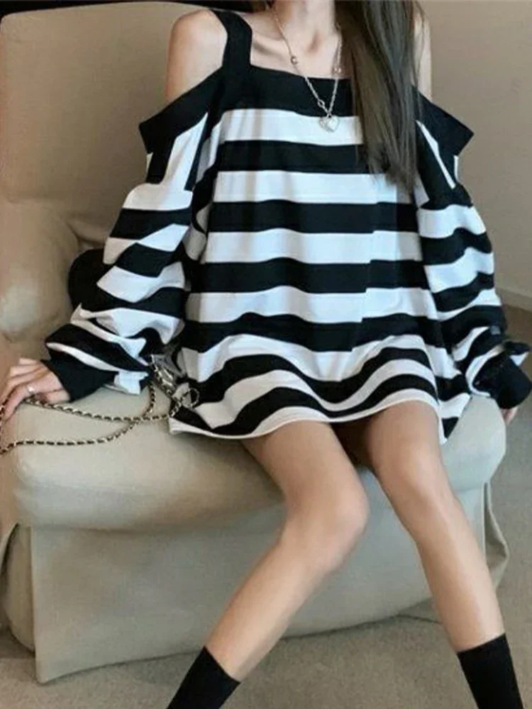 الكورية موضة قبالة الكتف مخطط تي شيرت المرأة البلوز القمم الإناث الخريف فضفاض عادية تيز سيدة شيك فانوس كم القمم #5