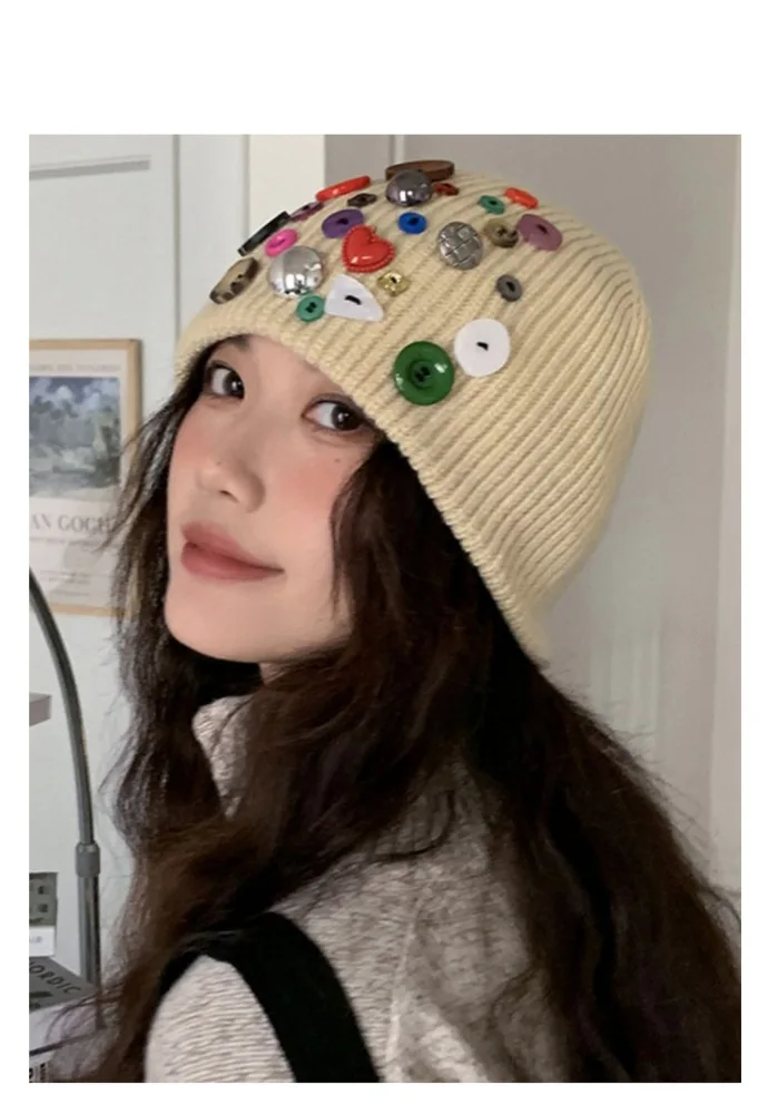 

Women Beanie Hat Winter Warm Ear Protection Knitted Caps with Buttons Design Windproof Slouchy Skull Caps