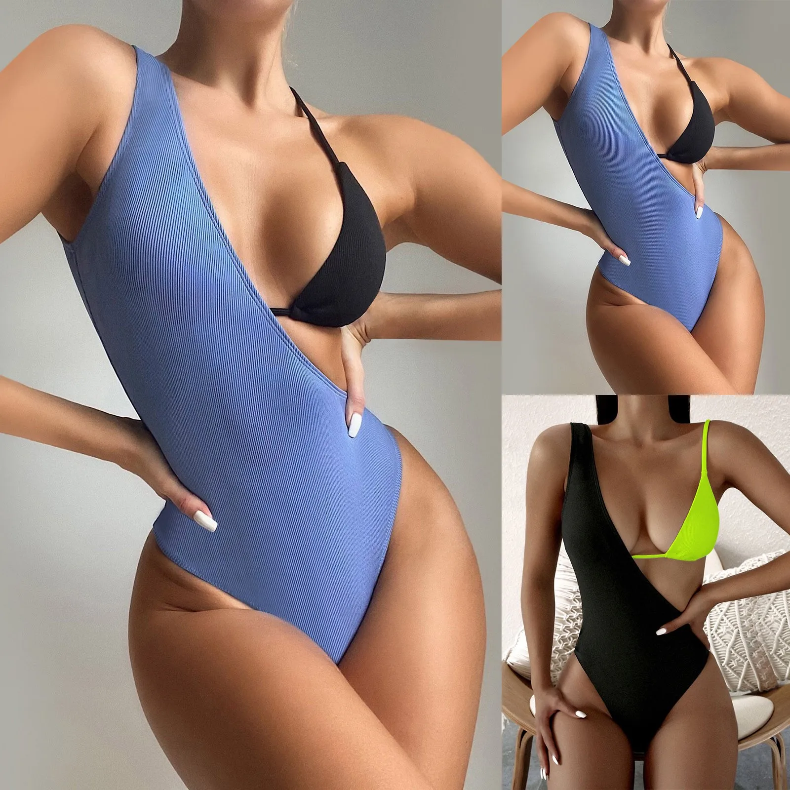 

Women'S Halter Tie Side Bikini Color Contrast Bathing Suit With Cover Ups 3 Piece Swimsuits