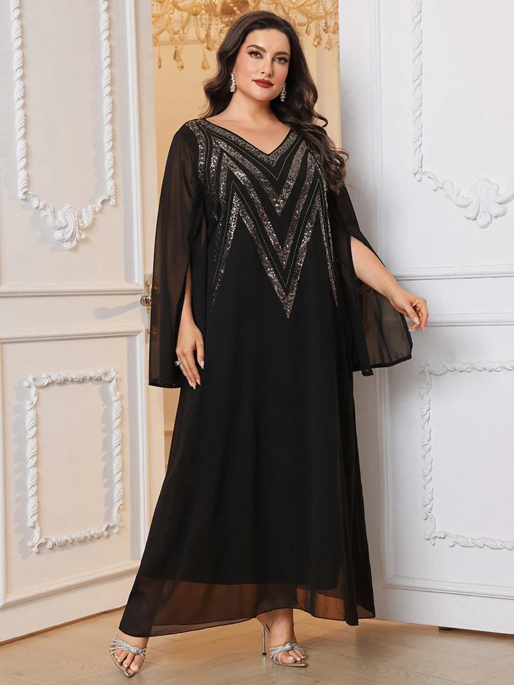 TOLEEN Plus Size Schwarz Pailletten Elegantes Maxi Abaya Kleid Für Frauen 2024 Neue Luxus Elegante Arabische Formale Party Abendkleider