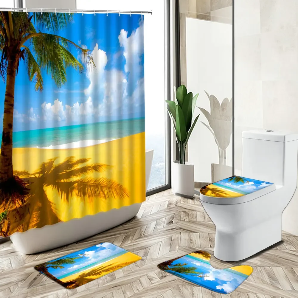 Ocean Beach Scenery Shower Curtain Natural Landscape Bathroom Set Green Palm Tree Summer Non-Slip Carpet Toilet Cover Floor Mat