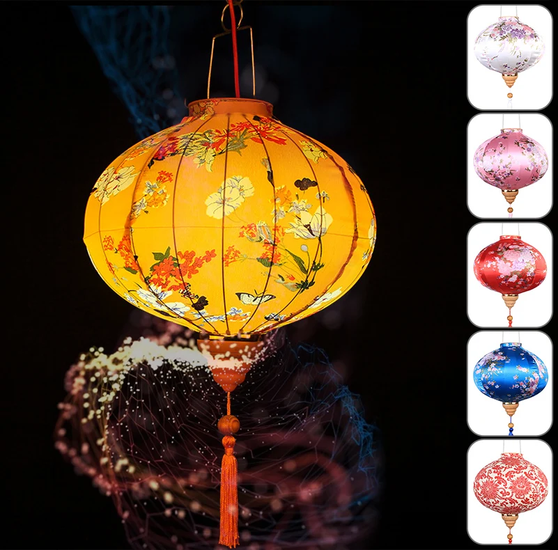 12/14 Inch Retro Chinese Style Floral Printed Silk Lantern Japan Vietnam Traditional Lantern For New Year Wedding Festival Decor