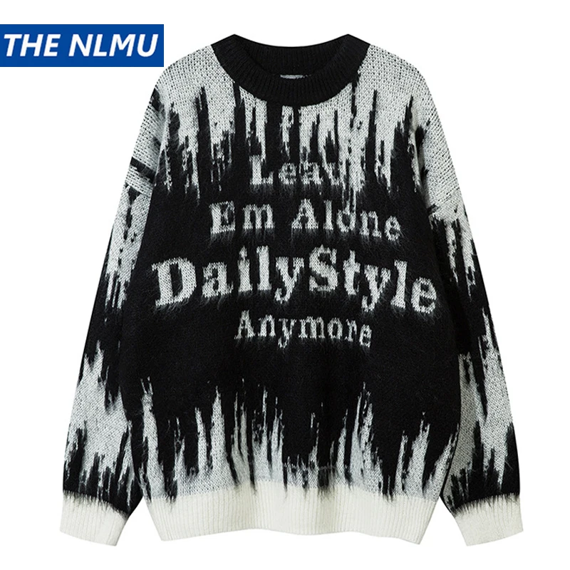 Men Vintage Sweater Y2K Streetwear Hip Hop Letter Tie Dye Knitted Sweaters 2024 Autumn Harajuku Fashion Casual Sweaters