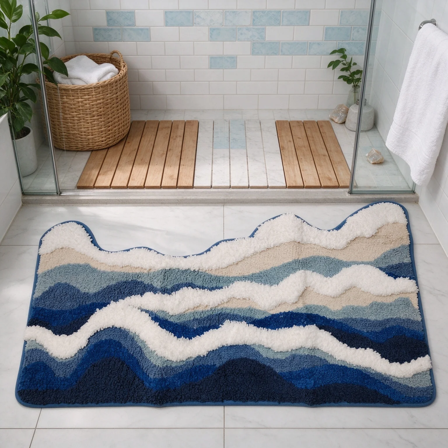Sea Wave Plush Bath Mats Super Soft and Comfortable Water Absorbing Foot Mat Home Bedroom Decoration Bedside Rug Anti Slip