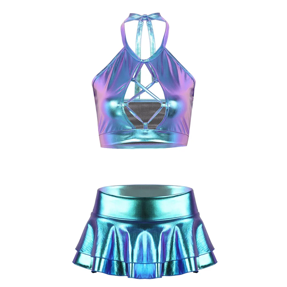 Two Piece Sets Womens Outifits Clothing Set Shiny Metallic Rave Erotic Halter Crop Top Bra Vest With Faux Leather Mini Skirt XXL