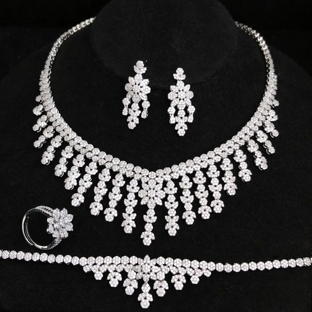 

Missvikki Trendy Shiny CZ 4pcs Necklace Bracelet Earrings Ring Jewelry Sets For Women Wedding Party Zircon Noble Bridal Gift